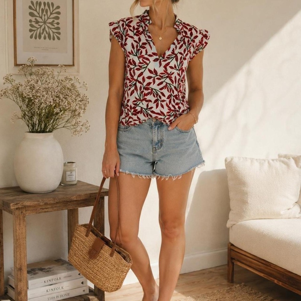 Alice + Olivia Malita Cap Sleeve Red Leaf Floral Blouse